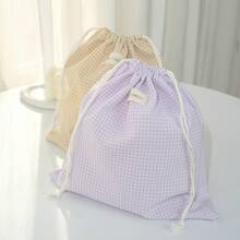 [Cute Checkered Storage Bag]1pc Drawstring Bag - Charming Fabric Gift & Storage Pouch With Motif, Perfect For Jewelry, Cosmetics, Travel Essentials & Home Organization - Multicolor - View 2