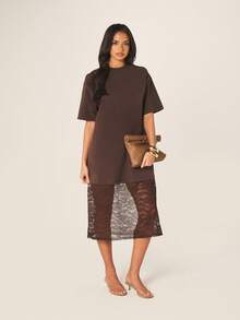 MISSGUIDED Women Brown Crew Neck Short Sleeve Midi Dress With Lace Panel Overlay Casual Day Evening Wear - Brown - View 1