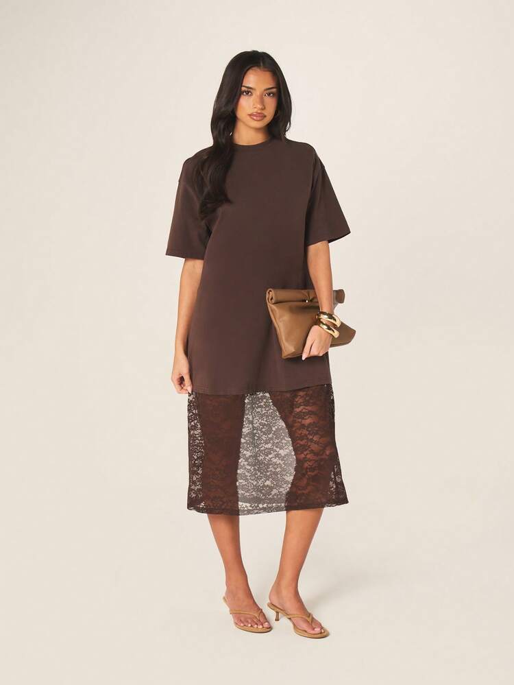 MISSGUIDED Women Brown Crew Neck Short Sleeve Midi Dress With Lace Panel Overlay Casual Day Evening Wear