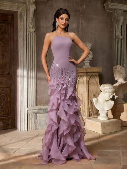 Aureia Elegant Purple Elastic Knit Luxurious 3D Beaded Sheer Long Sleeve High Waist Slimming Side Slit Hem Luxurious 3D Sequins Asymmetrical Exaggerated Ruffled Mermaid Hem Dress, Suitable For Dates, Vacations, Weddings, And Women's Formal Occasions