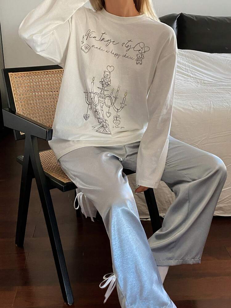 Bear & Letter Print Loose T-Shirt Top Combo With Bow Decor Loose Pajama Pants Women Sleepwear Set