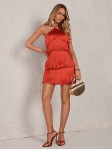 Glamine 女士优雅露背流苏吊带派对连衣裙 - 紅色 - 查看 3