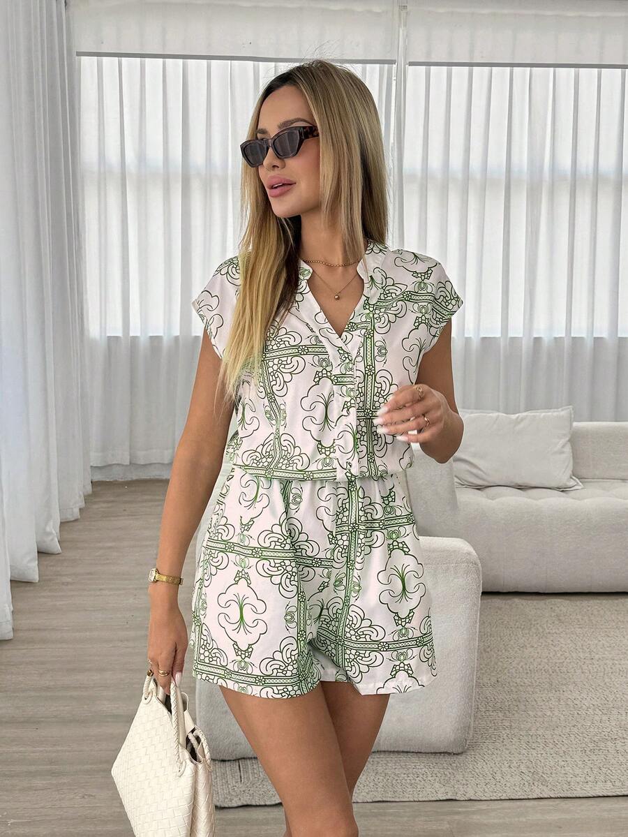 Easowa Combinaison casual sans manches à col V imprimé floral pour femmes - Multicolore - Voir 1