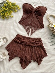 Soleia Bộ đồ 2 món gồm áo croptop xếp ly vạt lệch và chân váy ngắn, thời trang cho buổi hẹn hò. - Cà phê nâu - Xem 5