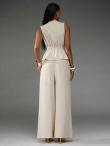 Normani 女士休闲优雅宽松V领无袖系带松紧腰直筒裤两件套，米色，适合日常通勤，夏季 - 杏色 - 查看 2