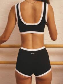 Aralina 2 Pieces Set Leisurewear Seamless Active Spring Summer Exercise Vacation Beach Binding Detail Crop Tank Bike Short Two Pieces Set Black White - Black and White - View 2