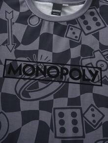 MONOPOLY X SHEIN Set tricou și pantaloni scurți cu mânecă scurtă, în carouri și imprimeu de desene animate, pentru băieți preadolescenti - Gri - Vizualizare 4