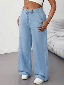 SHEIN Tall CURVE 大码浅蓝色弹力腰休闲直筒宽松牛仔裤 - 淺色水洗藍 - 查看 5