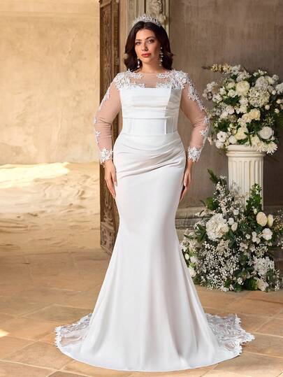 Aureia Vestido de novia de talla grande elegante y lujoso con bordados, lentejuelas, encaje de parche, tejido elástico, dobladillo de sirena, cuello, mangas con decoración floral, dobladillo de encaje irregular, romántico y con cola extra larga