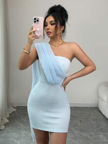 Elenzga Vestido ajustado de un solo hombro con textura elegante y romántico para mujer, de verano - Azul - Ver 3