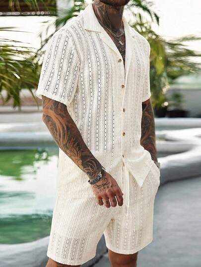 VENTUSAIL Conjunto de camisa de manga corta con textura de punto calado para hombres de talla grande