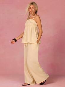 Athîral Cream Ruched Camisole Top And Tie Front Wide Leg Pants 2 Pieces Set For Women - Yellow - View 5