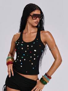 ROMWE Y2K Blusa casual versátil con decoración de botones para mujer - Negro - Ver 5