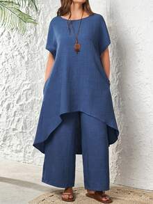 EMERY ROSE 大码女式休闲度假风纯色蝙蝠袖短袖不规则下摆长款上衣搭配阔腿裤两件套，春夏秋季 - 藍色 - 查看 2