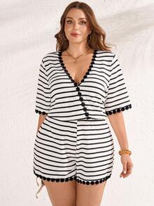 EMERY ROSE Plus Size Women's Summer Elegant Boho Vacation Holiday Black And White Striped Short Sleeve Jumpsuit,Floral Lace Trim Ruffle Contrast Color Outfits - Multicolor - View 2