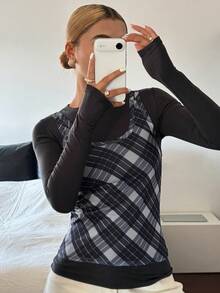 DAZY 两件套女士格子修身吊带背心和长袖T恤休闲度假夏季套装 - 灰色 - 查看 4