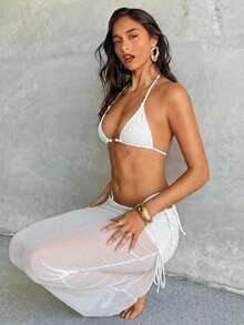 Aloruh 女士三件套比基尼套装，性感优雅浪漫复古白色迷你三角罩杯挂脖上衣、迷你丁字裤和超长纱笼裙，度假/海滩装扮 - 白色 - 查看 7