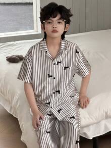 Dazy Kids Tween Boy Striped Puppy Print Single-Breasted Short Sleeve Top And Wide Leg Pants Casual Loungewear Pajama Set - Apricot - View 6