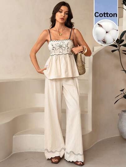 SHEIN Tall Set de 2 piezas de mujer con camiseta de tirantes bordada y pantalones largos, conjunto informal de verano