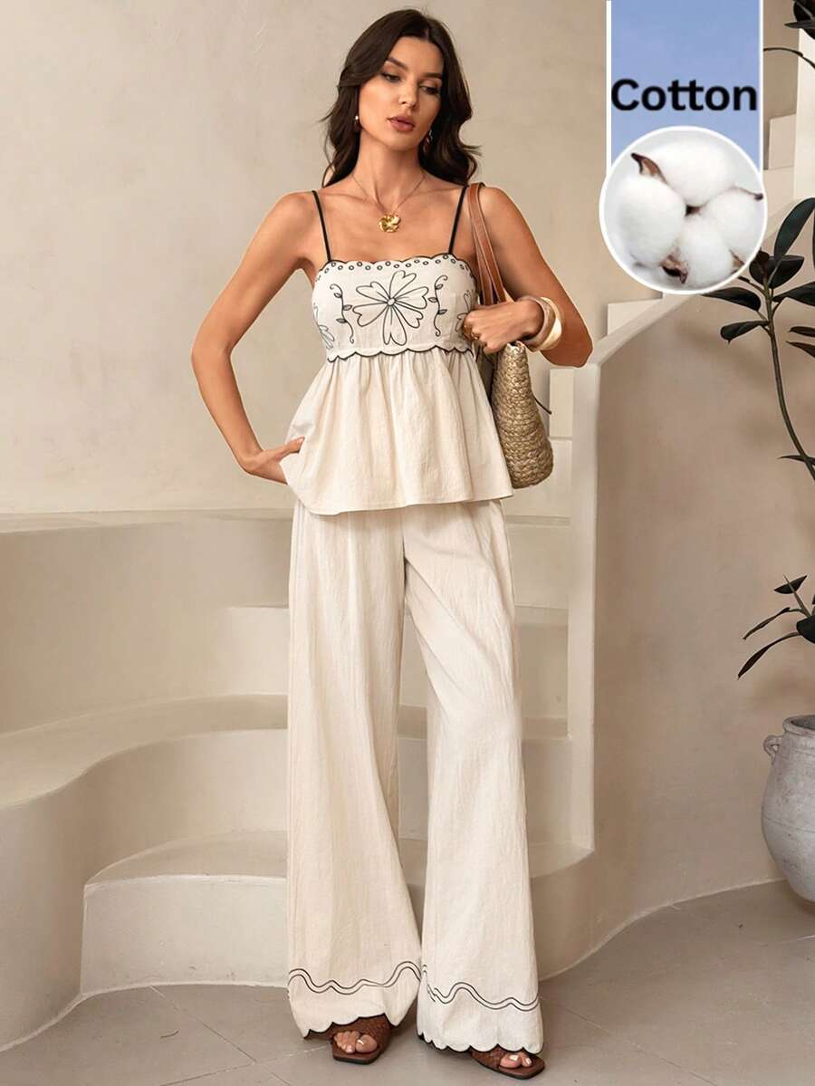 SHEIN Tall Set de 2 piezas de mujer con camiseta de tirantes bordada y pantalones largos, conjunto informal de verano - Beis - Ver 1