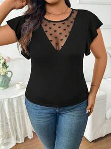 SHEIN Frenchy Plus Size Women's Casual Vacation Sexy Black Round Neck Ruffle Trim T-Shirt, Suitable For Spring & Summer - Black - View 6