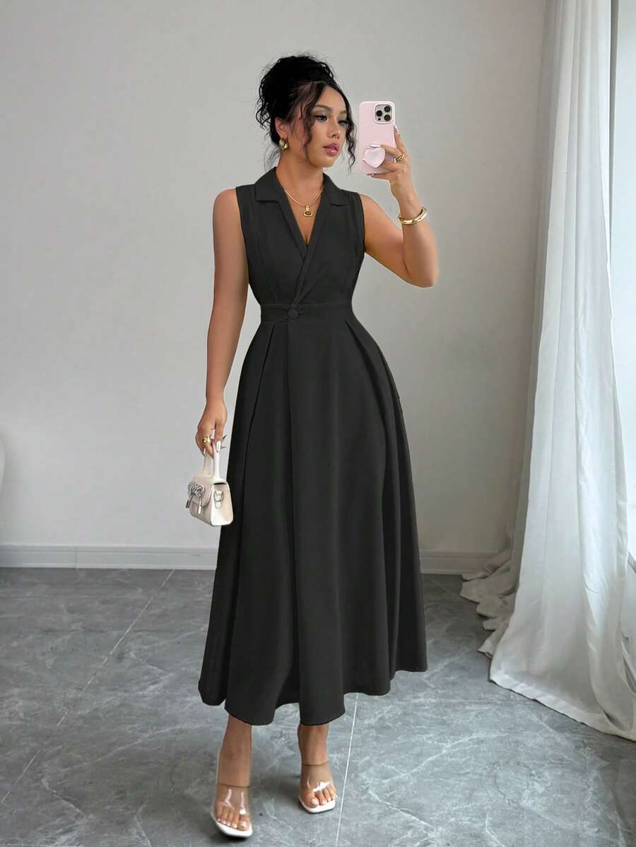 Elenzga 优雅休闲无袖翻领纽扣长连衣裙（女款） - 黑色 - 查看 1