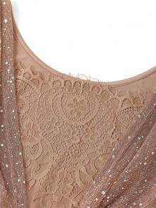 Ellevyn Women's Glamorous Sexy Party Banquet Romantic Elegant Metallic Lurex Cowl Back Contrast Lace Bodycon Dress - Champagne - View 3