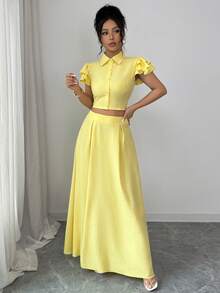 SHEIN Elenzya 优雅浪漫度假风及职业女性衬衫+中长裙两件套 - 黃色 - 查看 3