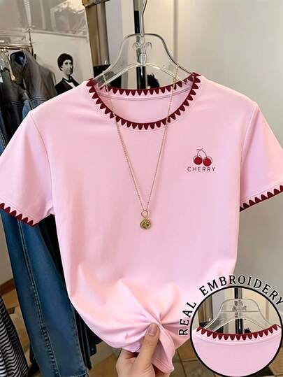 Camiseta casual de manga corta con cuello redondo y estampado de letras de cereza para adolescentes