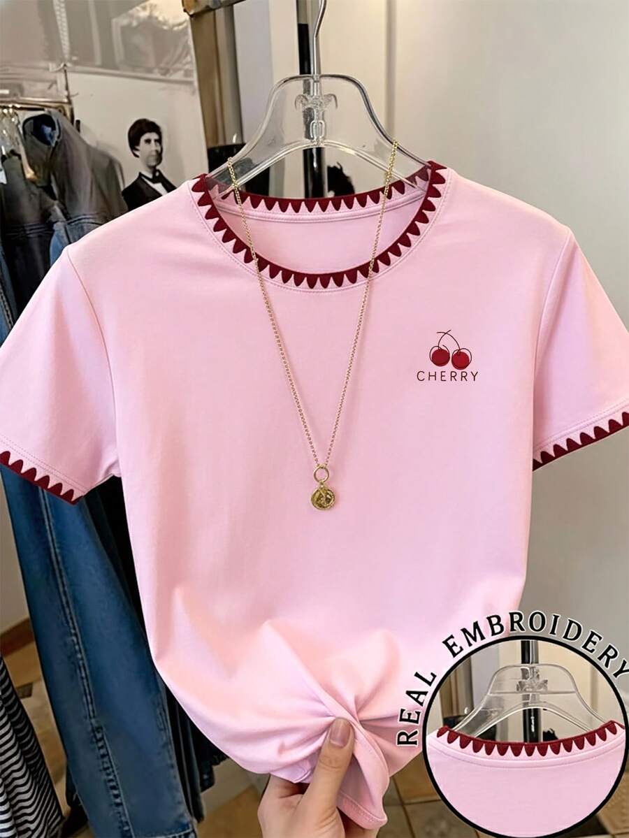 少女樱桃字母印花圆领短袖休闲T恤 - 粉色 - 查看 1