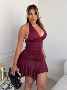 Maria Perezxox 全新不对称下摆收腰优雅通勤日常穿着深 V 领露背迷你连衣裙，女士夏季 - 酒紅色 - 查看 3