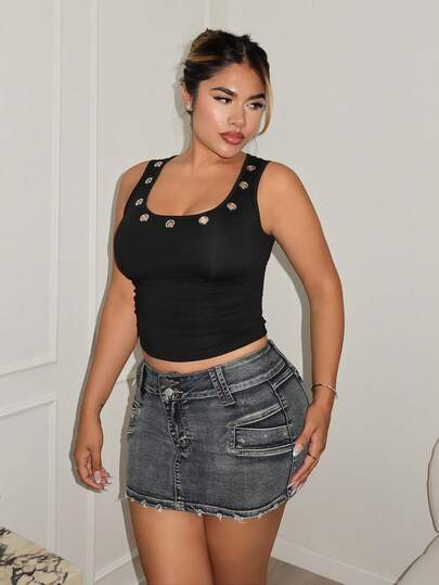 Maria Perezxox 韩流复古做旧骷髅铆钉低腰性感牛仔迷你裙（女款）