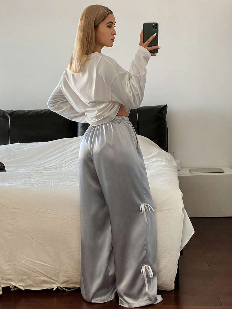 Bear & Letter Print Loose T-Shirt Top Combo With Bow Decor Loose Pajama Pants Women Sleepwear Set