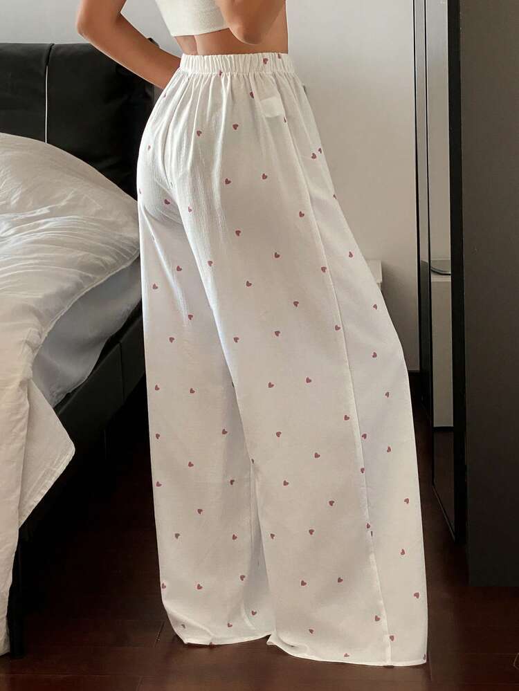 Women's Cute Heart Pattern Straight Leg Long Pajama Pants, Suitable For Summer And Spring