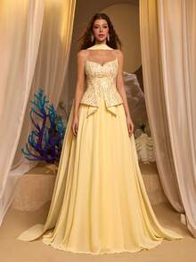 Glamrae Elegante, romántico, de moda y digno vestido de línea A con bustier de tela de gasa amarilla con parches de cuentas, adecuado para fiestas elegantes, bodas, despedidas de soltera y cenas formales - Amarillo - Ver 11