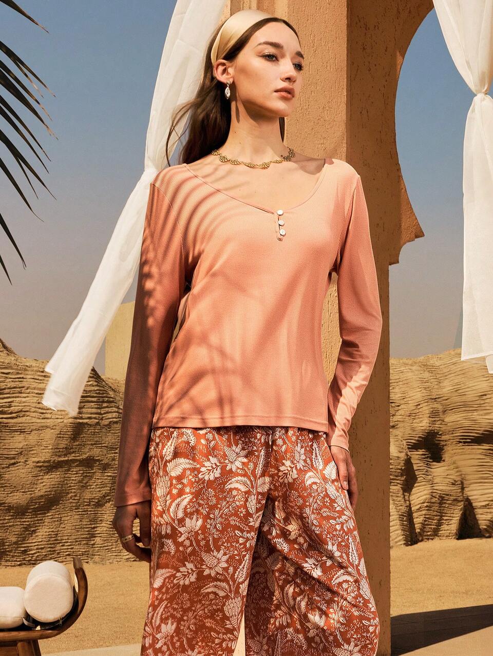 Basic Long T-Shirt & Cotton Patterned Pants Loungewear
