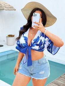 Swim Vcay Plus Size Women Single Piece Short Random Print Sexy Casual Beach Cardigan - Blue - View 5