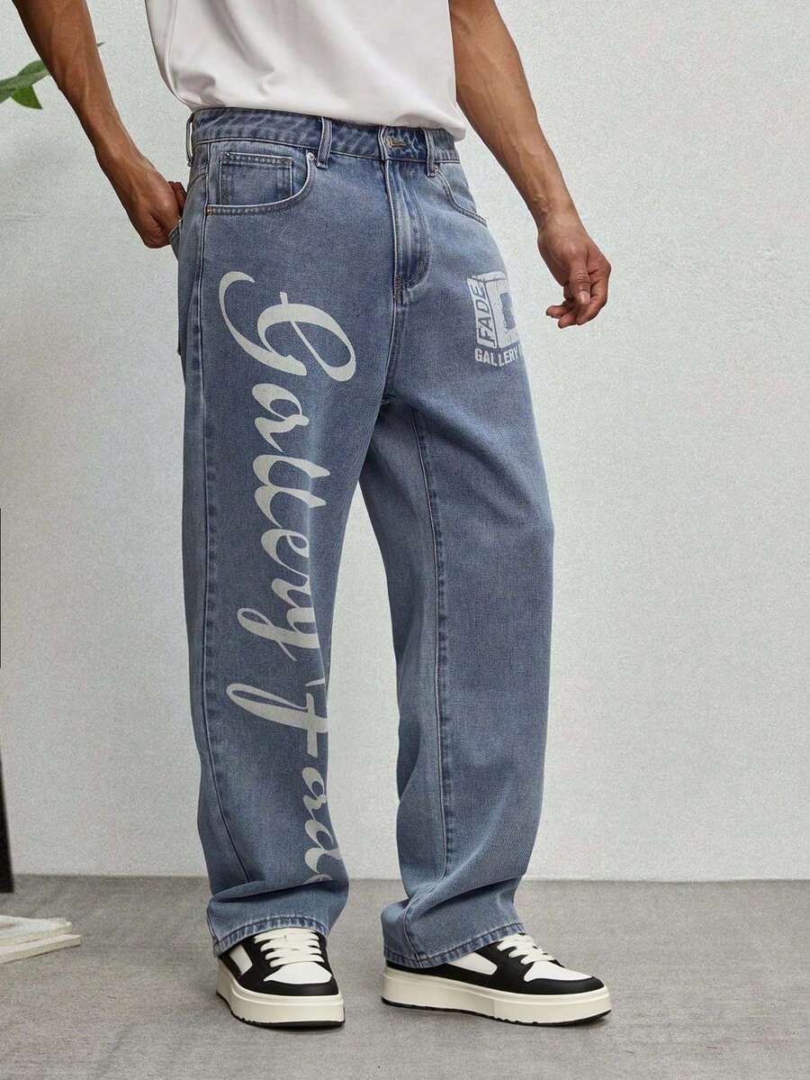 GALLERY FADE Men's Hip Hop Street Fashion Letter Print Washed Straight Leg Wide Jeans - Light Wash - View 1