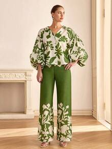 Contrast Botanical Print Shirt And Pants Set, Relaxed Fit, Great For Casual Daily Wear, Holiday, Or Garden Parties, Made Of Breathable Non-Elastic 100% Polyester Fabric - Multicolor - View 6