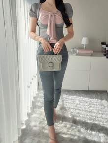 FRIFUL 女士撞色系带蝴蝶结两件套，修身显瘦，适合春夏休闲穿着，百搭时尚。 - 灰色 - 查看 2