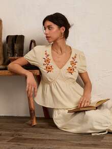 Easelle Floral Embroidery Puff Sleeve Casual Vacation Shirt Beige Shirt Embroidered Top Puff Sleeve - Apricot - View 6