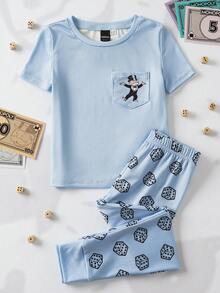 MONOPOLY X SHEIN 男童卡通印花短袖上衣和骰子印花紧身裤睡衣套装 - 淺藍色 - 查看 1