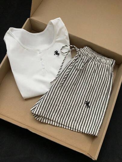 Comfortcana 2026 New Arrival Spring/Summer Fashionable Women's Knight Embroidery Short Sleeve T-Shirt And Striped Shorts Casual 2-Piece Set Summer Outfits For Women Beach Outfit  Vacation Outfits Women 2000s Style