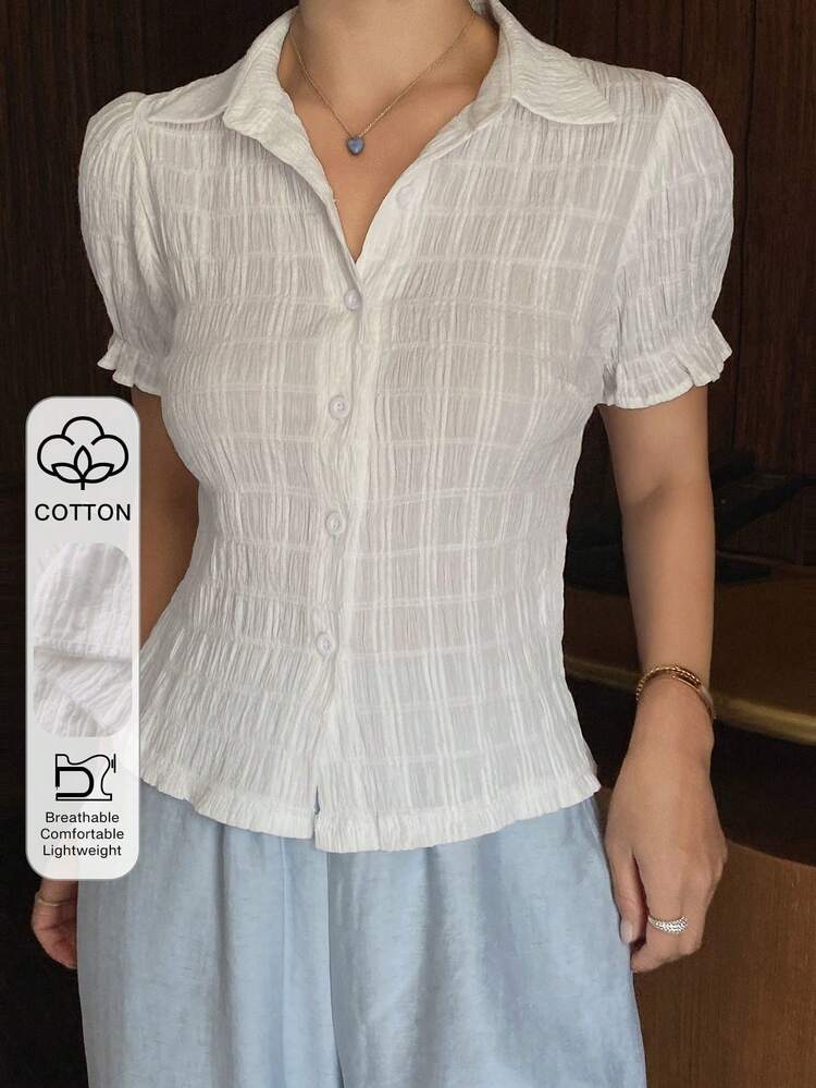 White Cotton Textured Petal Sleeve Collared Blouse For Women, Spring
