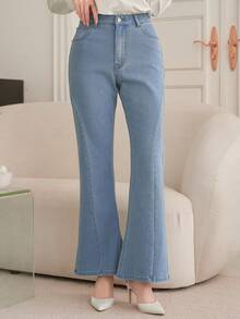 DAZY 女士休闲水洗开衩喇叭牛仔裤 - 中等水洗藍 - 查看 5