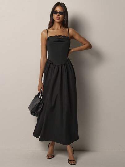 COSMINA Women's Long Lace Patchwork Dress, Elegant Ladies Dress, Black Dress, Suitable For Summer Matching, Date, Daily Wear, Street Style