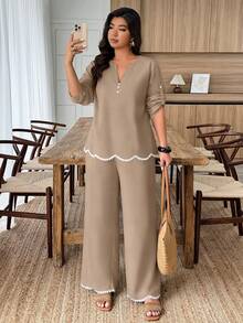 Weeklong 大码女装春夏拱形撞色花卉饰边休闲两件套 - 卡其色 - 查看 6