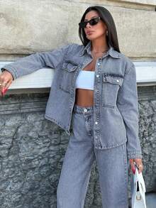 RueChic 100% Cotton WOMEN SUIT DENIM SET SHIRT AND PANTS - Medium Wash - View 3