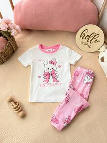 SHEIN Babygirl Cute Casual Knit Cartoon Print Short Sleeve Top And Elastic Waist Pants Loungewear Set - Pink - View 6