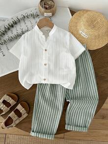 LMoss Kids 2pcs Young Boy Woven Solid Color Casual Shirt And Striped Pants Set Boy Dress Clothes Outfit Button Down Shirt Pants Set 2 Piece Boys Short Sleeve 2 Piece Casual Stripe Pants Set For Kids Boy Shirt Set,Kids - Mint Green - View 4